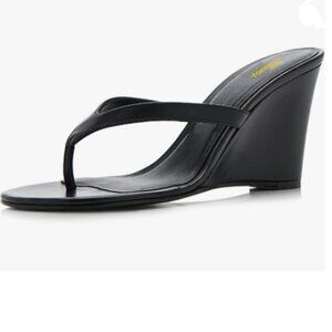 Milooey shoes Black Round Toe Flip Flops Wedge High Heels Slip On Thong Sandals